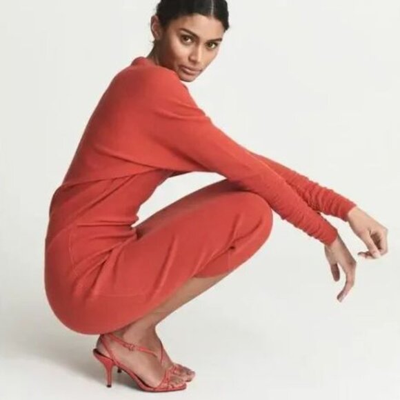 REISS Jenna Red Orange Deep V Neck Midi Sweater Dress S - Picture 3 of 12